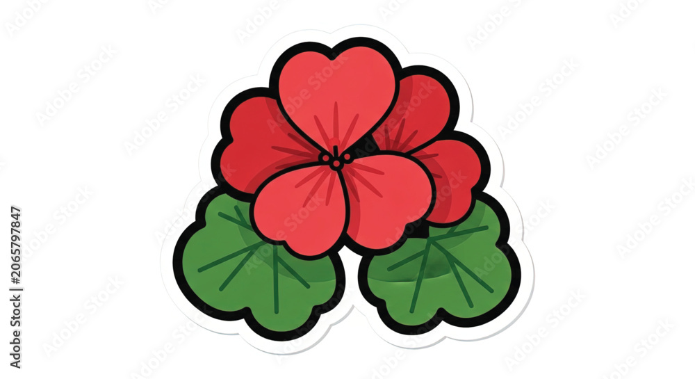 Fototapeta premium Red Flower with Green Leaves Illustration.