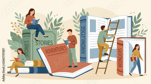 Slika na platnu Readers engaging with giant books: stories, knowledge, adventures, wonders