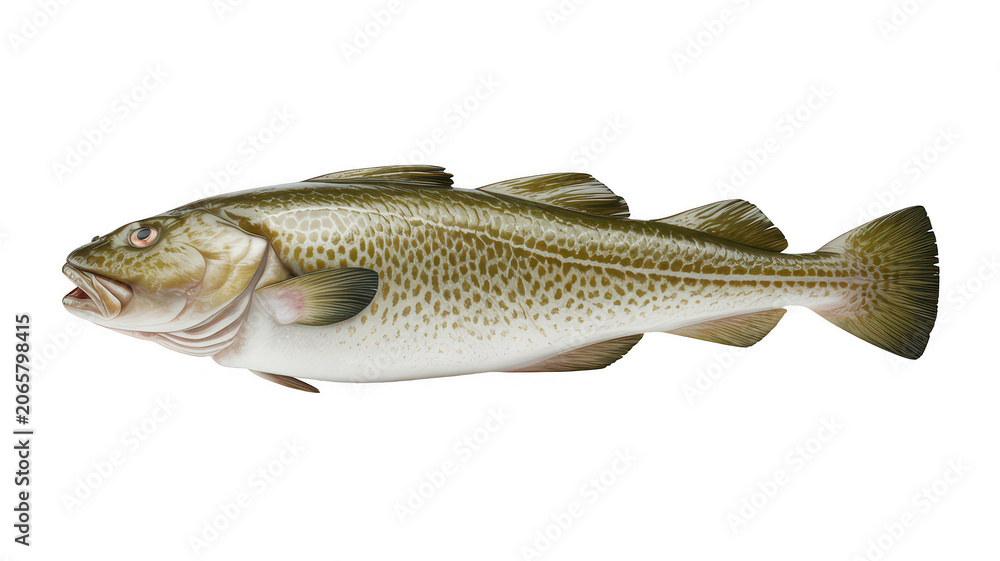 Obraz premium Single atlantic cod fish with spotted skin and silver scales, isolated on a white background, detailed marine life specimen for biology study