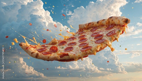 Surreal and playful imagery of a giant pepperoni pizza soaring through the sky like a superhero cape with cheesy clouds and colorful toppings raining down
