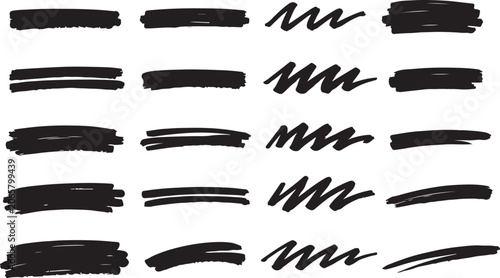 Collection of black marker brush strokes and scribbles hand-drawn design elements for artistic accents and backgrounds isolated on white background
