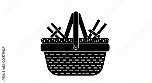Black Picnic Basket Icon with Cutlery Silhouette