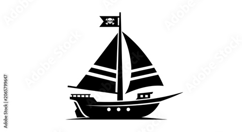 Black Pirate Ship Silhouette Icon with Jolly Roger Flag