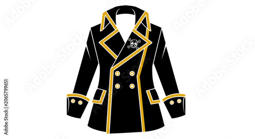 Black Pirate Captain Coat with Gold Trim and Skull Emblem