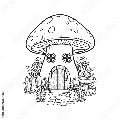 Whimsical Mushroom House Outline with Fairy Garden Elements
