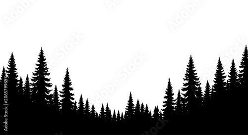Black Pine Forest Silhouette Border Isolated on White Background