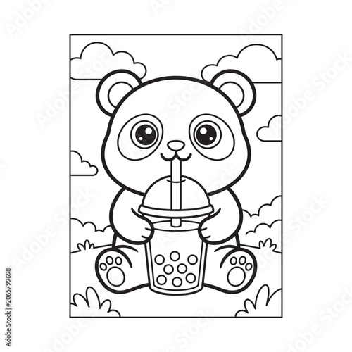 Cute Panda Holding Boba Tea Cup Coloring Page
