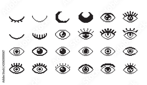 Photography Pixel art eyes with eyelashes and closed eyelids, graphic design elements isolated