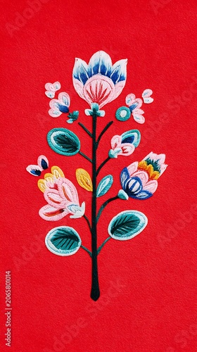 Vibrant floral arrangement with blue and white flowers on a red background