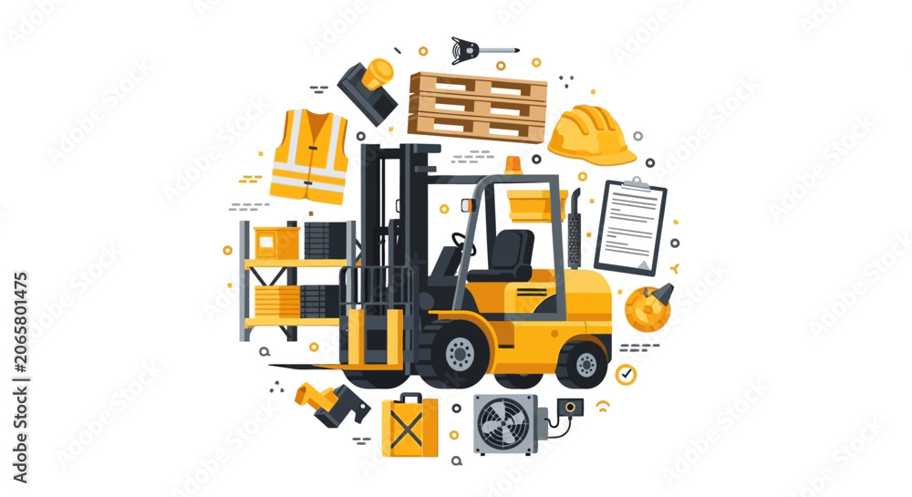 Naklejka premium Industrial Warehouse Logistics Concept with Forklift, Pallet, and Distribution Equipment Illustration