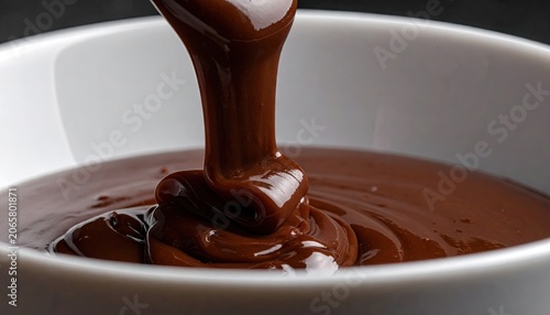 Molten chocolate pouring into white bowl creating rich textures and colors