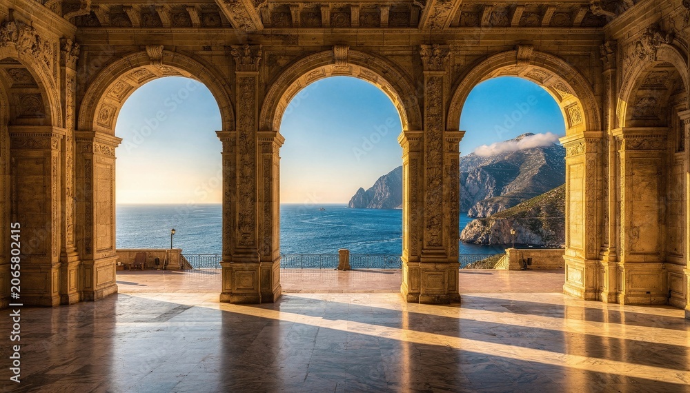 Fototapeta premium Stunning coastal vista through elegant stone arches, with dramatic mountains meeting the clear blue sea under a bright sky, bathed in golden sunlight and shadow patterns