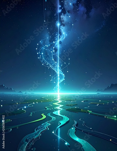 Cosmic Connection: A vibrant blue beam of light, adorned with glittering stars and abstract networks, pierces the night sky.