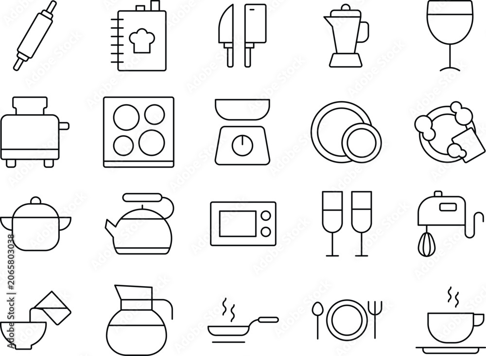 Fototapeta premium Black and white of various household and office including tools, kitchenware, electronics, and furniture