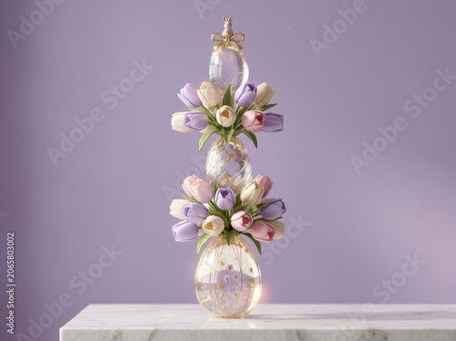 Exquisite details captured in this layout of glass eggs silk tulips totem