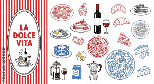 Bild auf Leinwand La dolce vita italian food and drink illustrations including wine and coffee