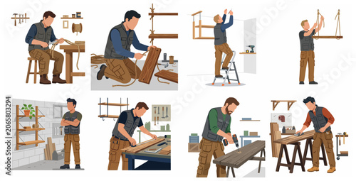 Canvastavla Collection of flat illustrations featuring a carpenter working on woodworking pr