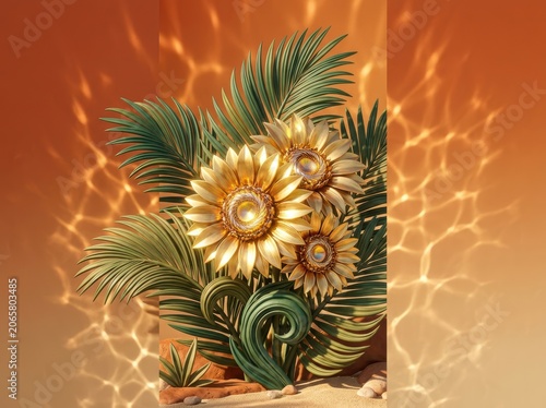 Vibrant seasonal design showcasing sunflowers and palm fronds visua elegantly