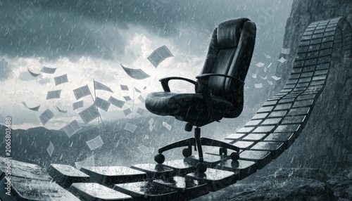 A whimsical depiction of an office chair gliding down a creative rollercoaster constructed from keyboard keys surrounded by floating papers in a dreamlike setting