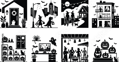 Halloween scene silhouettes depict trick or treating haunted houses and costumed figures against a white background autumn bats black buildings celebration