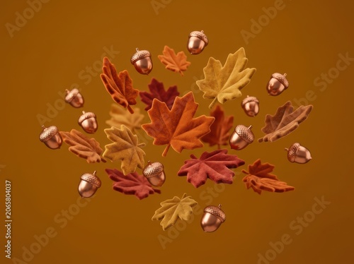 Decorative artwork showing maple leaves and acorns suspended in vivid colors