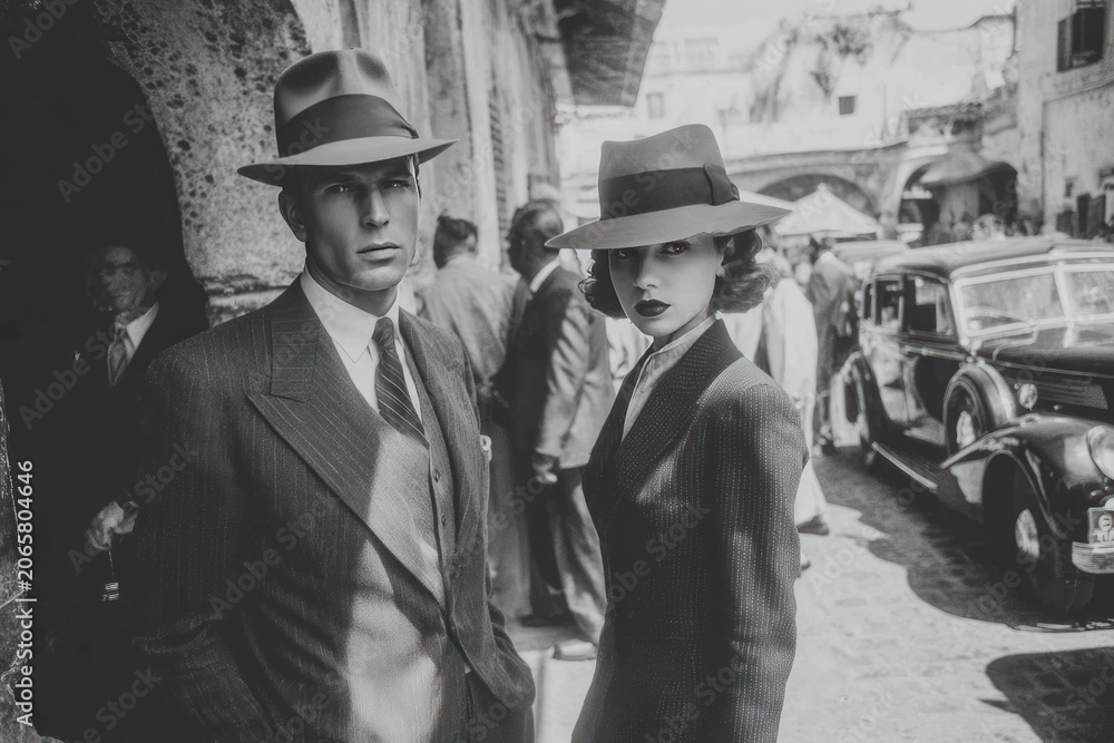 Fototapeta premium Elegant vintage couple in 1940s fashion standing on historic street with classic car