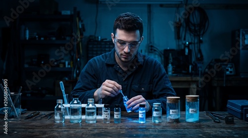 Professional male scientist working in dark laboratory, chemist conducting research with glowing blue chemicals, scientific experiment in industrial workshop