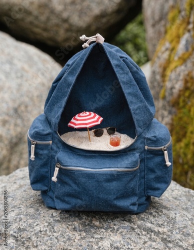 Whimsical surreal scene of an open backpack revealing a miniature beach paradise with tiny umbrella and refreshing drink capturing imagination and adventure
