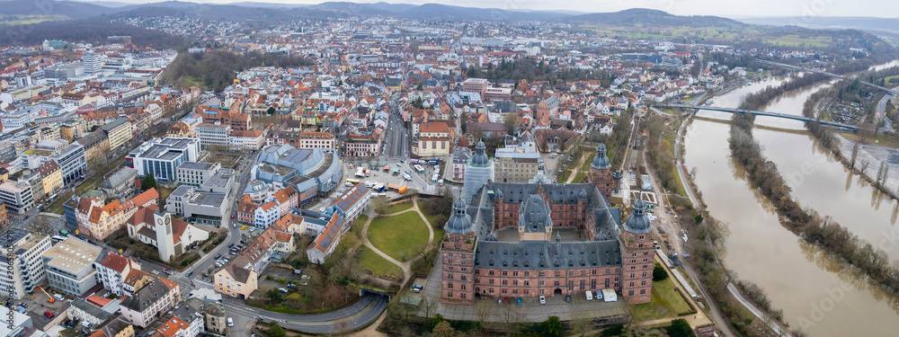 Fototapeta premium Aerial view beside the old town above the city Aschaffenburg in Germany, on a sunny afternoon in autumn.