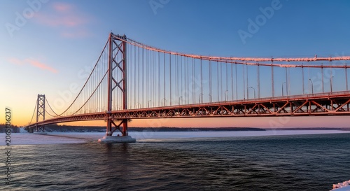 A massive suspension bridge stands tall over icy river waters during a cold winter evening, with heavy snow covering the steel structures, fog, hazy, white