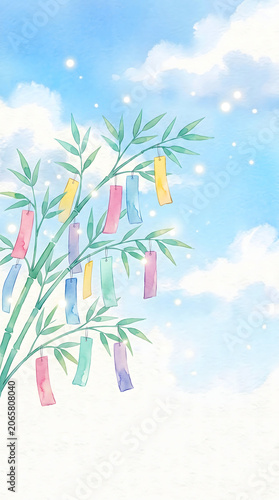 Japanese Tanabata Festival Bamboo Branches with Colorful Wishes, Watercolor Sky Background, Summer Celebration