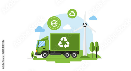 Green Recycling Truck and Wind Turbine Illustration for Sustainable Logistics and Environmental Protection Concept