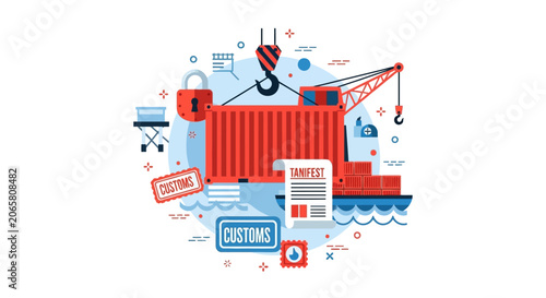 Global Logistics and Customs Clearance Vector Illustration with Shipping Container, Cargo Ship, Crane and Manifest for International Trade and Freight Forwarding Concept