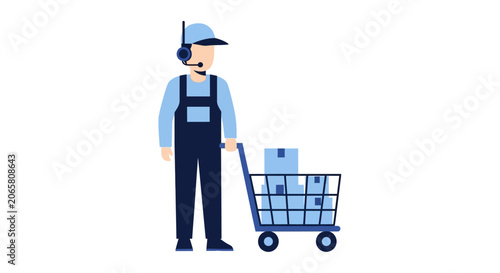 Warehouse Worker with Headset Pushing Shopping Cart with Boxes, Logistics and E-commerce Delivery Concept