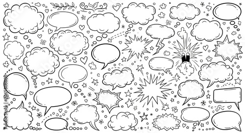 Obraz na plátně A black and white illustration of various comic book style speech bubbles and st