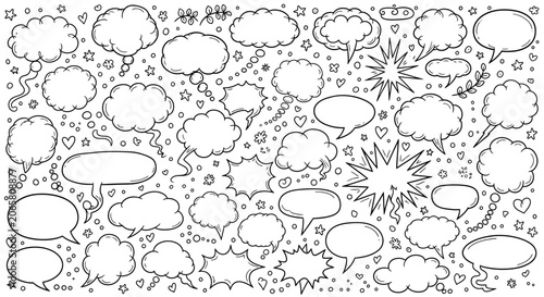 Fotografie Black and white illustration of various comic book style speech bubbles and thou