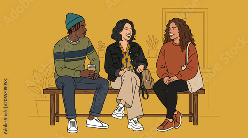 Diverse group of friends chatting outdoors.