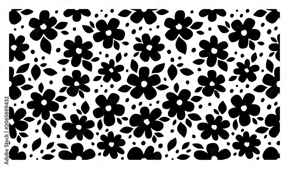 Fototapeta premium Floral silhouette pattern with simple flowers and leaves in minimalist botanical style