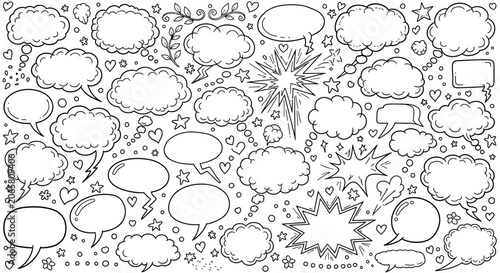 Cuadro en lienzo A black and white illustration of various comic book style speech bubbles, cloud