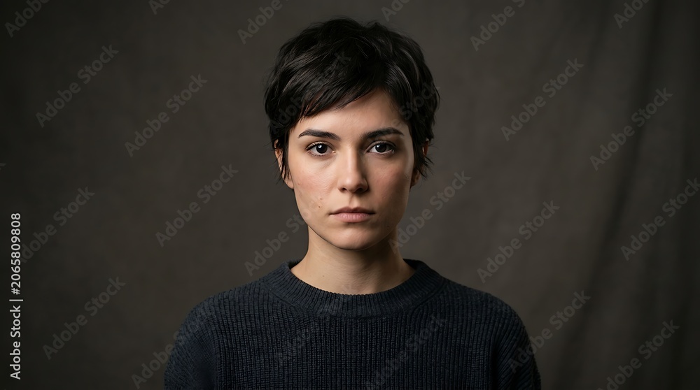 Fototapeta premium Serious Young Woman with Short Dark Hair Studio Portrait