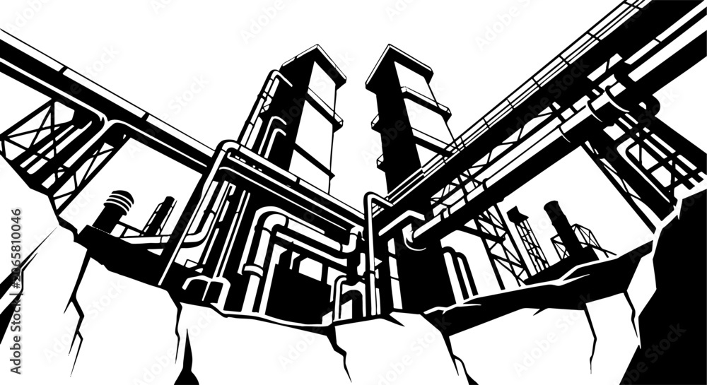 Obraz premium Black and White Industrial Factory Illustration with Pipes