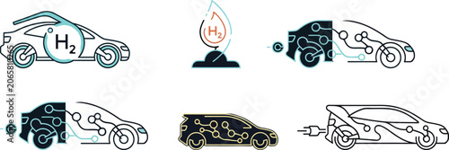 Hydrogen fuel cell car icons, electric vehicle technology vector set, green energy transport symbols, sustainable automotive engineering graphics