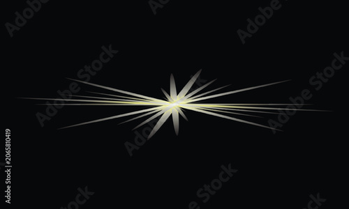Golden lens flare with anamorphic light rays, glowing starburst effect on black background, bright sunbeam vector illustration for cinematic overlays