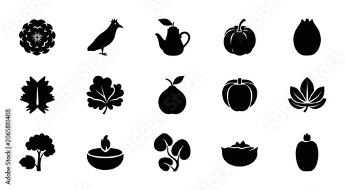 Nature Inspired Silhouette Icon Set Featuring Botanical Elements Floral Shapes Organic Garden Produce And Wildlife Figures For Creative Graphic Design