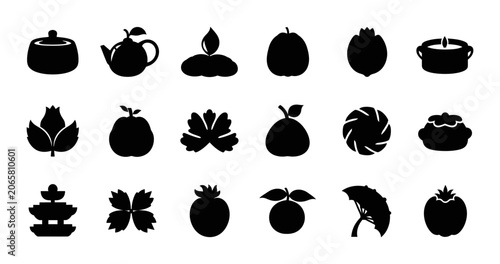 Vector Fruit And Vegetable Silhouette Icon Set Featuring Organic Garden Harvest Produce Shapes And Traditional Kitchenware Symbols For Food Design Graphic