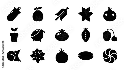 Set Of Minimalist Black Food And Nature Vector Icons Featuring Assorted Fruits Vegetables Plants And Organic Shapes For Modern Graphic Design Projects