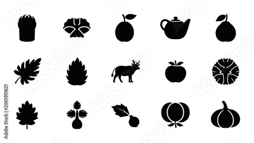 Nature And Food Silhouette Icon Set Featuring Botanical Elements Fruits Animal Shapes And Kitchenware Graphics For Design Projects Or Web Interfaces