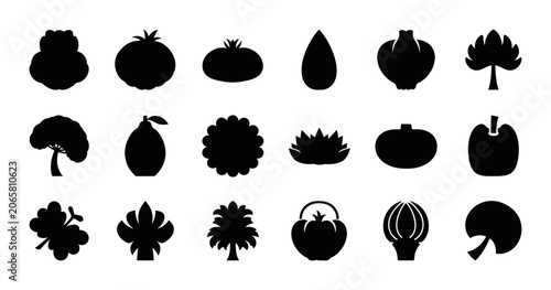 Organic Vegetable Icons Set Featuring Fresh Garden Harvest Crops and Healthy Produce Silhouettes for Natural Food Graphic Design Projects Collection