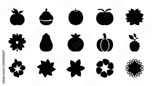 Set Of Organic Fruit And Floral Silhouette Icons Featuring Assorted Apple Pear Pumpkin Pomegranate Berry Botanical Flower Shapes For Vector Design