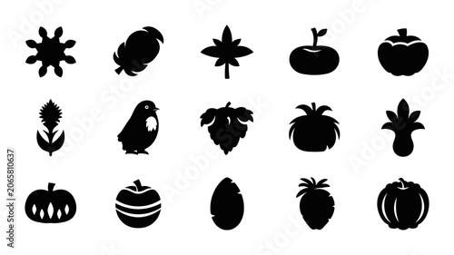 Nature Silhouette Icon Set Featuring Botanical Elements Flowers Bird Fruits And Harvest Vegetables For Decorative Graphic Design And Seasonal Projects